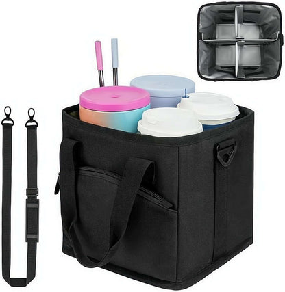 4 Compartment Insulated Drink Carrier Holder Bag, Multiple Tumbler Caddy, Leak-Proof Water Bottle Holder with Adjustable Strap&Dividers, Portable Foldable Drink Caddy Tote For Coffee, Travel, Outings
