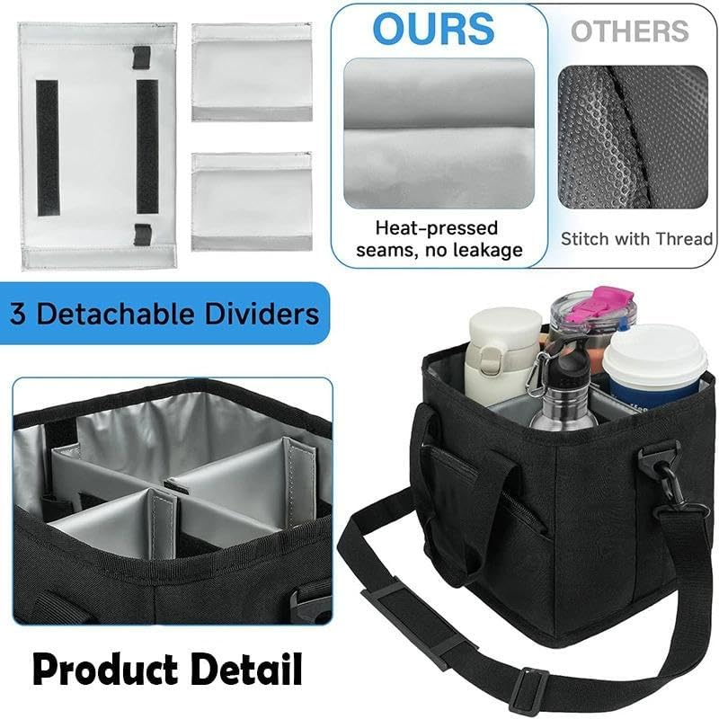 4 Compartment Insulated Drink Carrier Holder Bag, Multiple Tumbler Caddy, Leak-Proof Water Bottle Holder with Adjustable Strap&Dividers, Portable Foldable Drink Caddy Tote For Coffee, Travel, Outings