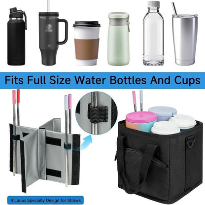 4 Compartment Insulated Drink Carrier Holder Bag, Multiple Tumbler Caddy, Leak-Proof Water Bottle Holder with Adjustable Strap&Dividers, Portable Foldable Drink Caddy Tote For Coffee, Travel, Outings