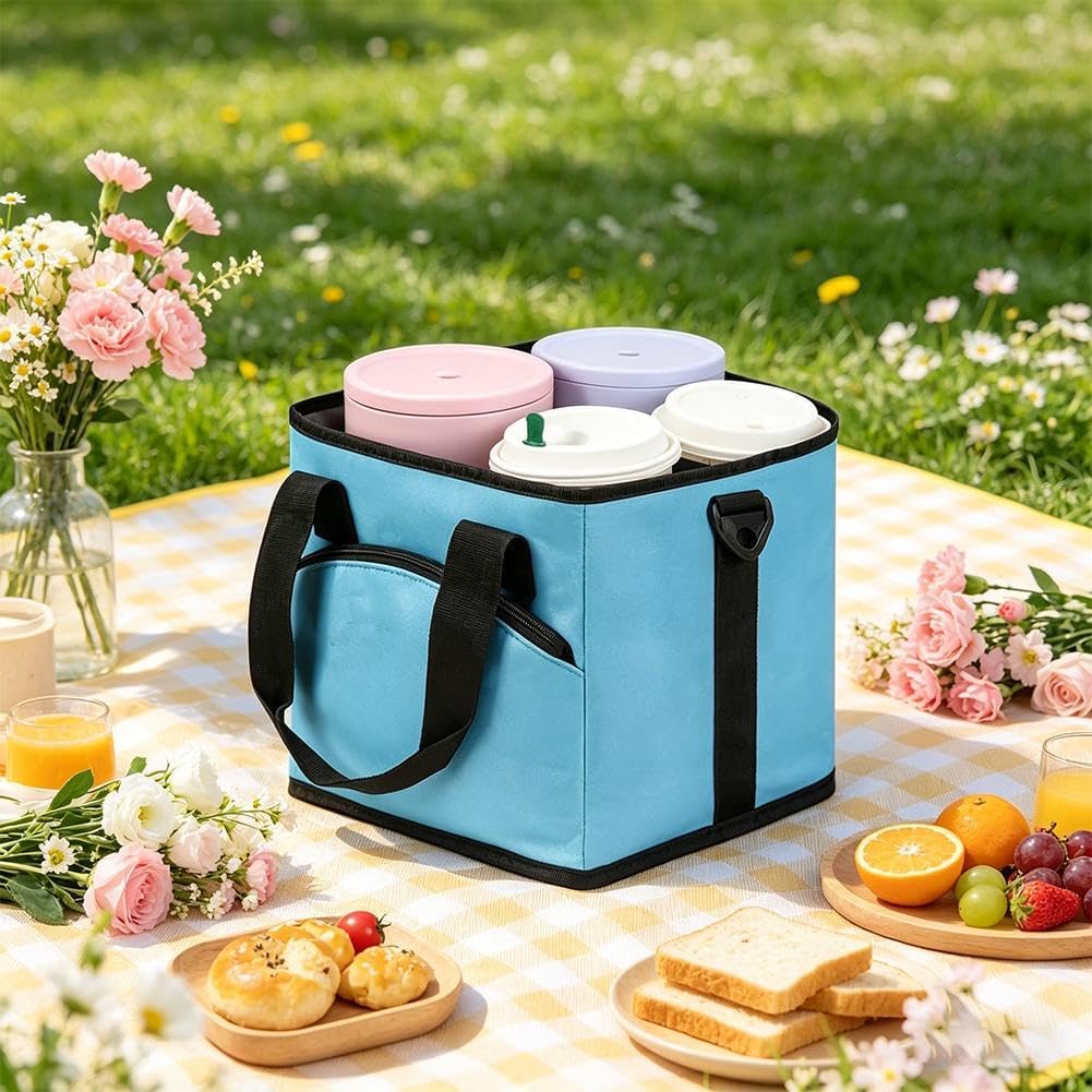 4 Compartment Insulated Drink Carrier Holder Bag, Multiple Tumbler Caddy, Leak-Proof Water Bottle Holder with Adjustable Strap&Dividers, Portable Foldable Drink Caddy Tote For Coffee, Travel, Outings