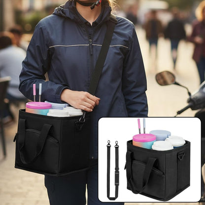 4 Compartment Insulated Drink Carrier Holder Bag, Multiple Tumbler Caddy, Leak-Proof Water Bottle Holder with Adjustable Strap&Dividers, Portable Foldable Drink Caddy Tote For Coffee, Travel, Outings