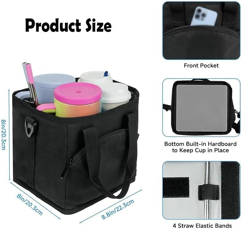 4 Compartment Insulated Drink Carrier Holder Bag, Multiple Tumbler Caddy, Leak-Proof Water Bottle Holder with Adjustable Strap&Dividers, Portable Foldable Drink Caddy Tote For Coffee, Travel, Outings