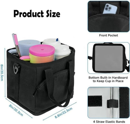 4 Compartment Insulated Drink Carrier Holder Bag, Multiple Tumbler Caddy, Leak-Proof Water Bottle Holder with Adjustable Strap&Dividers, Portable Foldable Drink Caddy Tote For Coffee, Travel, Outings