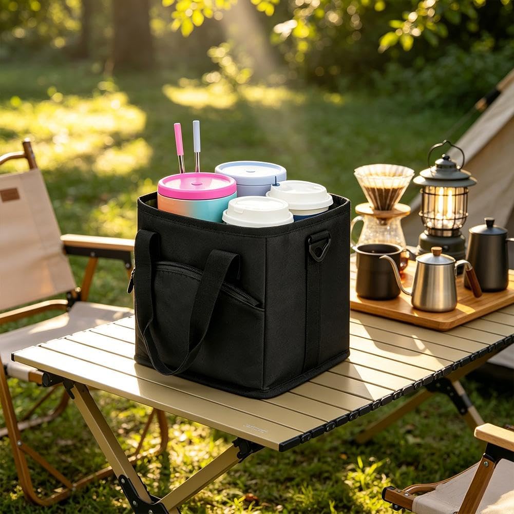 4 Compartment Insulated Drink Carrier Holder Bag, Multiple Tumbler Caddy, Leak-Proof Water Bottle Holder with Adjustable Strap&Dividers, Portable Foldable Drink Caddy Tote For Coffee, Travel, Outings
