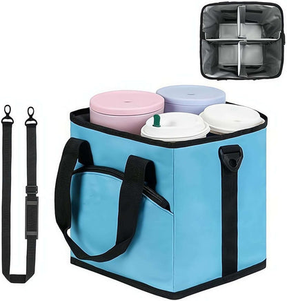 4 Compartment Insulated Drink Carrier Holder Bag, Multiple Tumbler Caddy, Leak-Proof Water Bottle Holder with Adjustable Strap&Dividers, Portable Foldable Drink Caddy Tote For Coffee, Travel, Outings