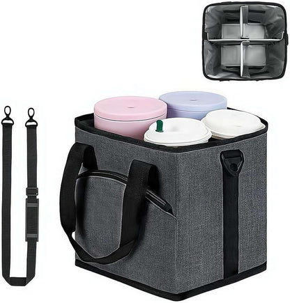 4 Compartment Insulated Drink Carrier Holder Bag, Multiple Tumbler Caddy, Leak-Proof Water Bottle Holder with Adjustable Strap&Dividers, Portable Foldable Drink Caddy Tote For Coffee, Travel, Outings