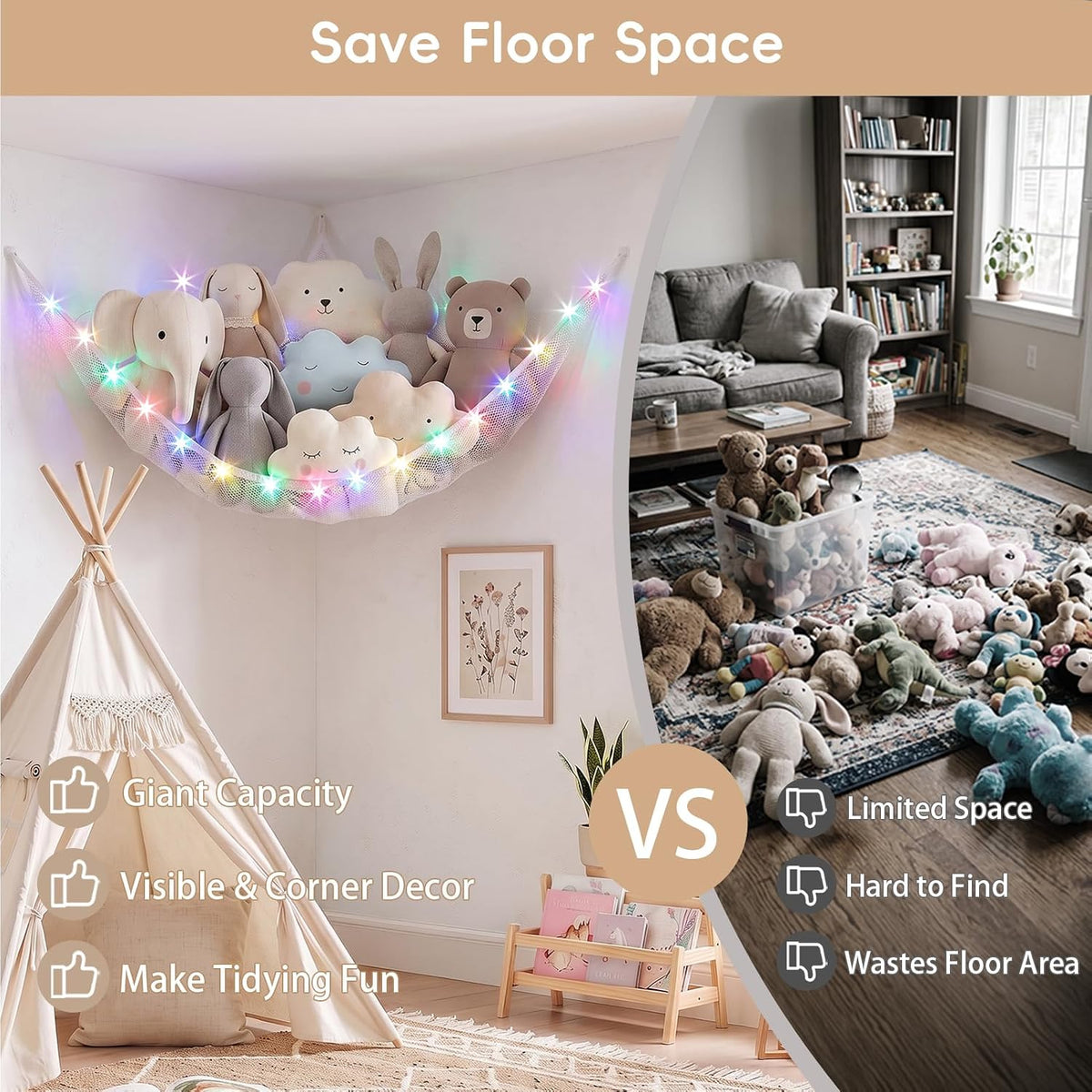 Stuffed Animals Hammock with Remote Control Toy Net Room Decor Storage