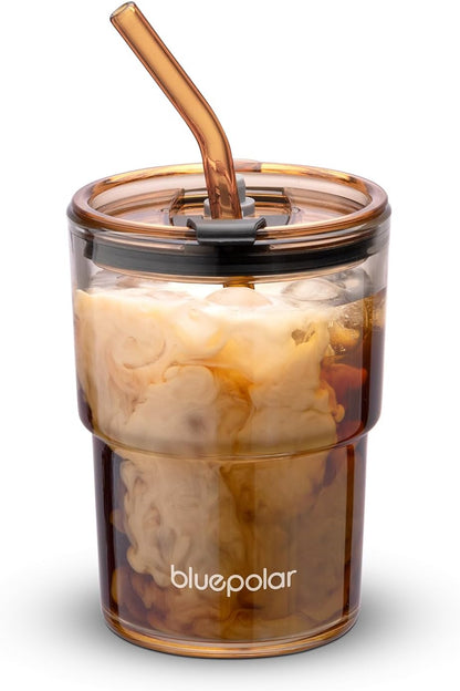13oz/400ml Iced Coffee Cups with Lids and Straw，Sealed Carry On Thick Wall Glass Matcha Tumbler for Juice，Water, Late,Tea Fits Car Cup Holders for Office，Gym(Aurora White