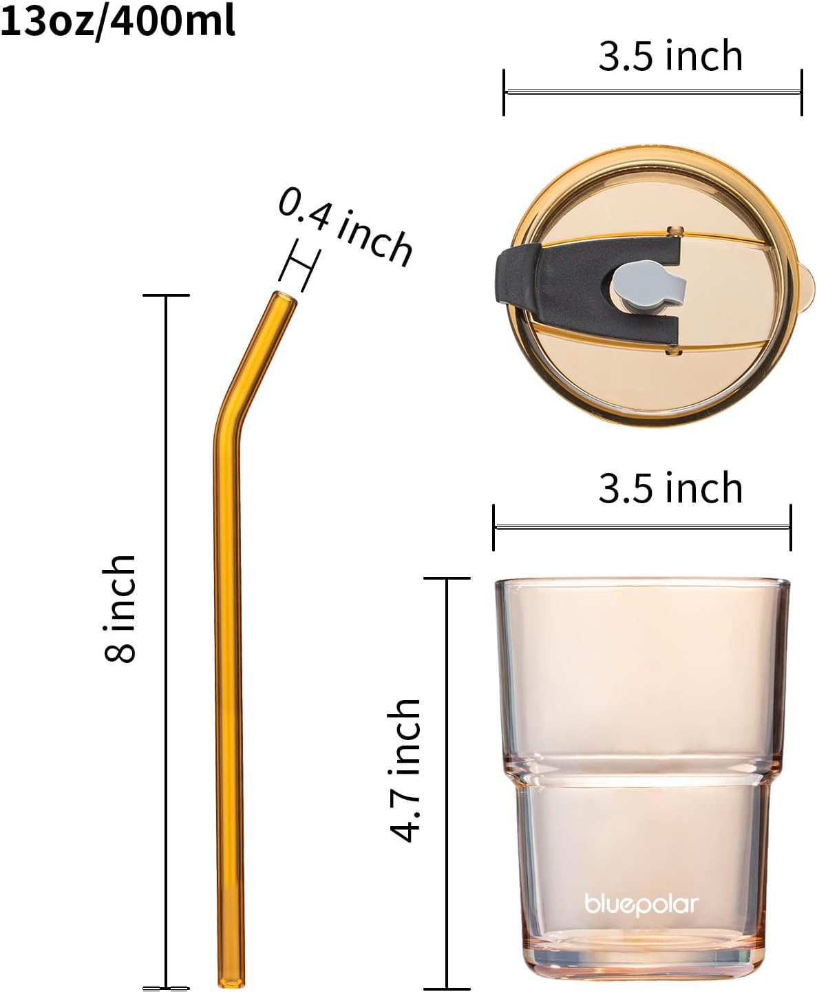 13oz/400ml Iced Coffee Cups with Lids and Straw，Sealed Carry On Thick Wall Glass Matcha Tumbler for Juice，Water, Late,Tea Fits Car Cup Holders for Office，Gym(Aurora White