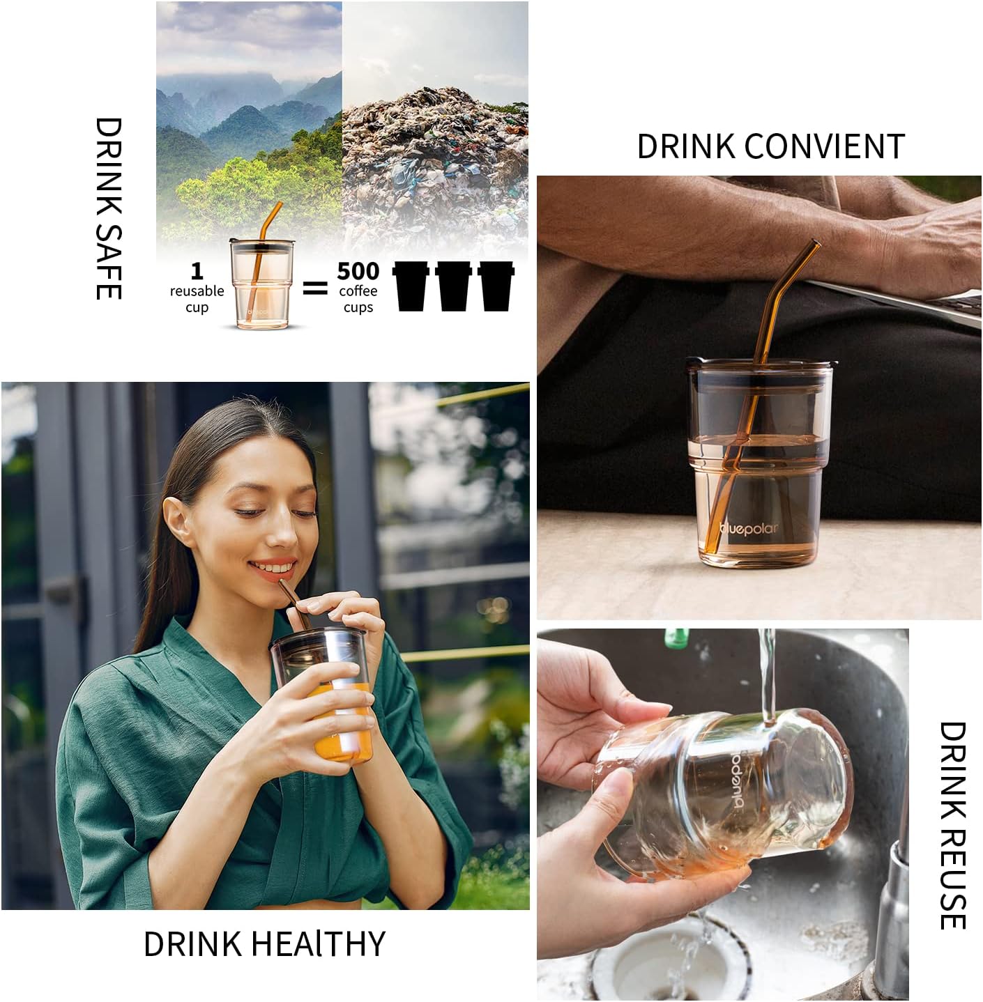13oz/400ml Iced Coffee Cups with Lids and Straw，Sealed Carry On Thick Wall Glass Matcha Tumbler for Juice，Water, Late,Tea Fits Car Cup Holders for Office，Gym(Aurora White