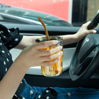 13oz/400ml Iced Coffee Cups with Lids and Straw，Sealed Carry On Thick Wall Glass Matcha Tumbler for Juice，Water, Late,Tea Fits Car Cup Holders for Office，Gym(Aurora White