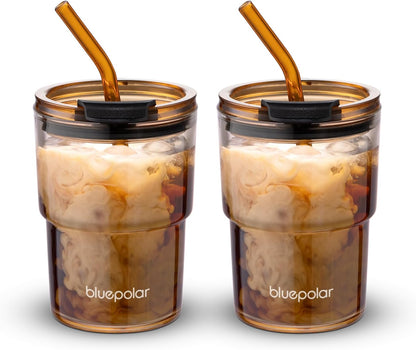 13oz/400ml Iced Coffee Cups with Lids and Straw，Sealed Carry On Thick Wall Glass Matcha Tumbler for Juice，Water, Late,Tea Fits Car Cup Holders for Office，Gym(Aurora White