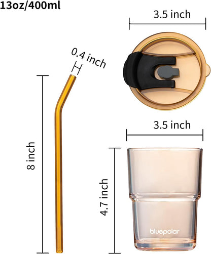 13oz/400ml Iced Coffee Cups with Lids and Straw，Sealed Carry On Thick Wall Glass Matcha Tumbler for Juice，Water, Late,Tea Fits Car Cup Holders for Office，Gym(Aurora White