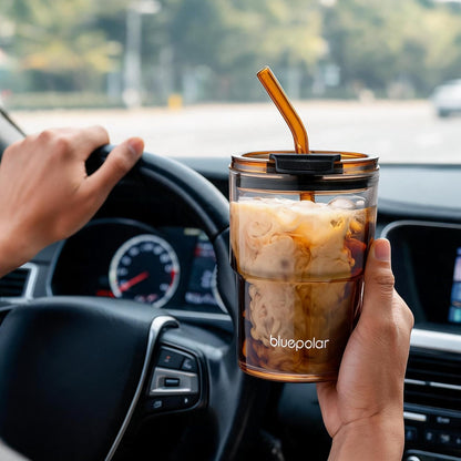 13oz/400ml Iced Coffee Cups with Lids and Straw，Sealed Carry On Thick Wall Glass Matcha Tumbler for Juice，Water, Late,Tea Fits Car Cup Holders for Office，Gym(Aurora White