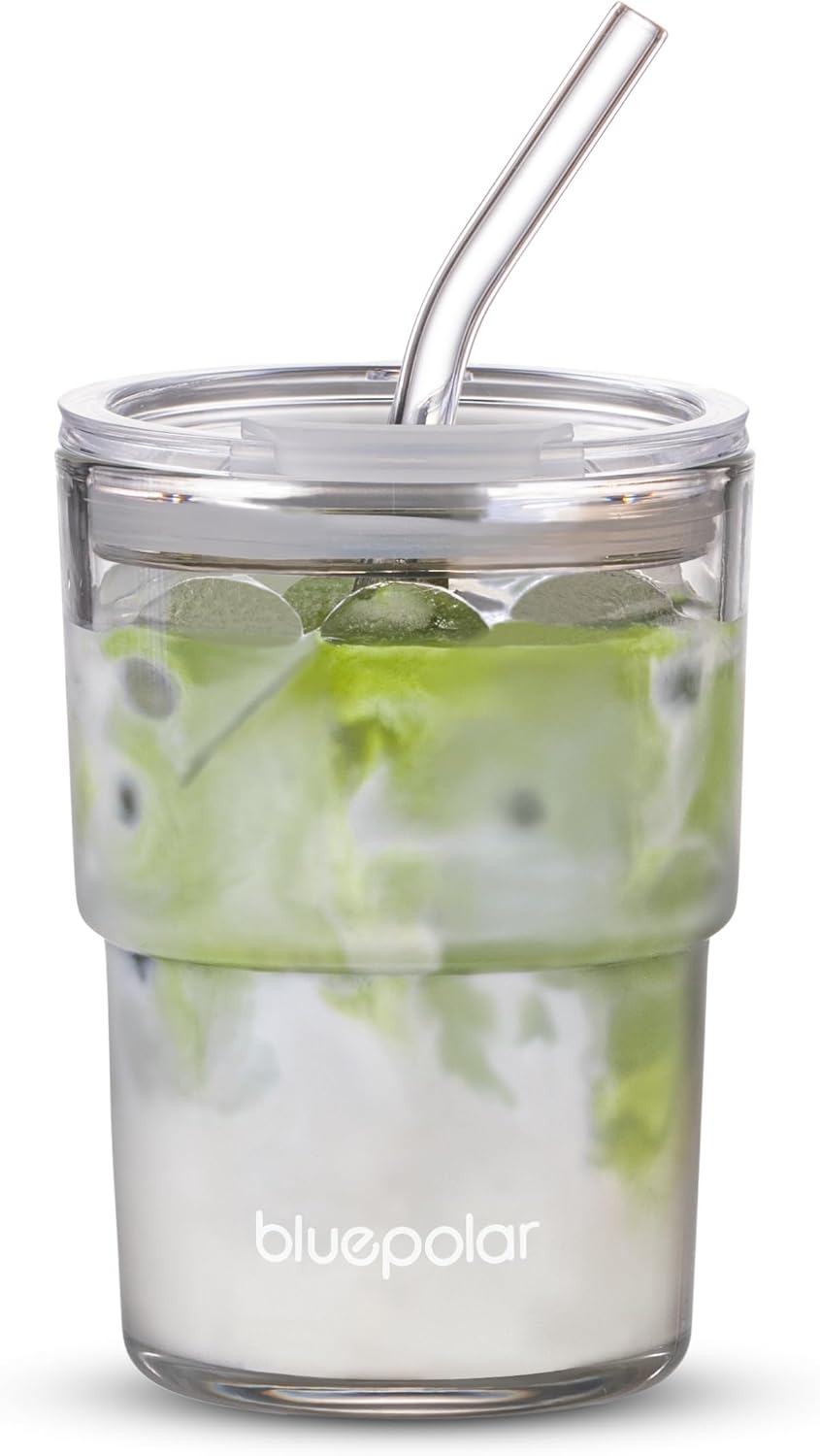 13oz/400ml Iced Coffee Cups with Lids and Straw，Sealed Carry On Thick Wall Glass Matcha Tumbler for Juice，Water, Late,Tea Fits Car Cup Holders for Office，Gym(Aurora White