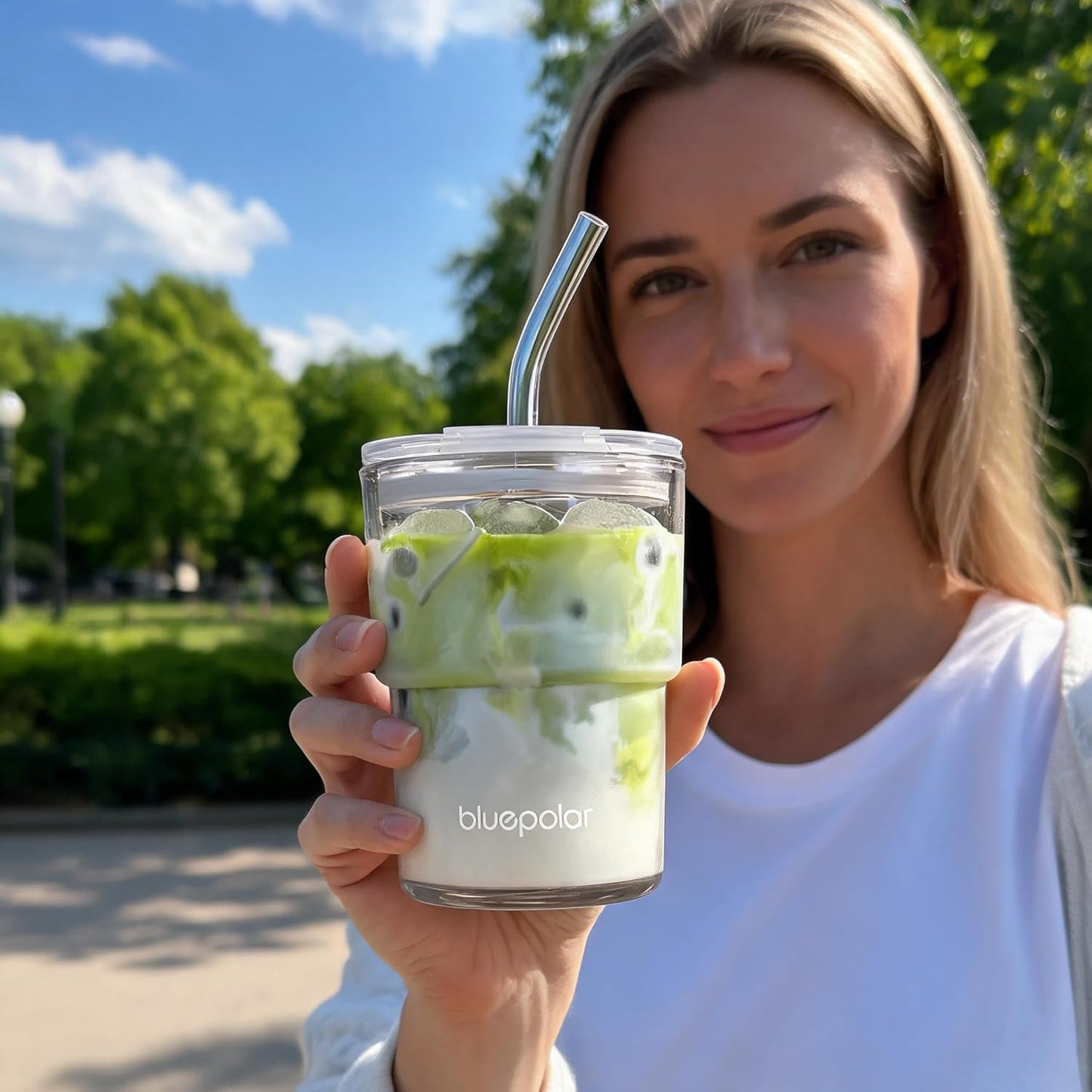 13oz/400ml Iced Coffee Cups with Lids and Straw，Sealed Carry On Thick Wall Glass Matcha Tumbler for Juice，Water, Late,Tea Fits Car Cup Holders for Office，Gym(Aurora White