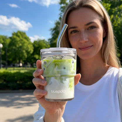 13oz/400ml Iced Coffee Cups with Lids and Straw，Sealed Carry On Thick Wall Glass Matcha Tumbler for Juice，Water, Late,Tea Fits Car Cup Holders for Office，Gym(Aurora White