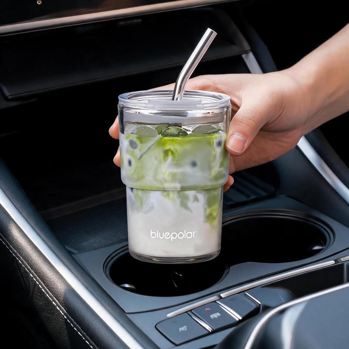 13oz/400ml Iced Coffee Cups with Lids and Straw，Sealed Carry On Thick Wall Glass Matcha Tumbler for Juice，Water, Late,Tea Fits Car Cup Holders for Office，Gym(Aurora White