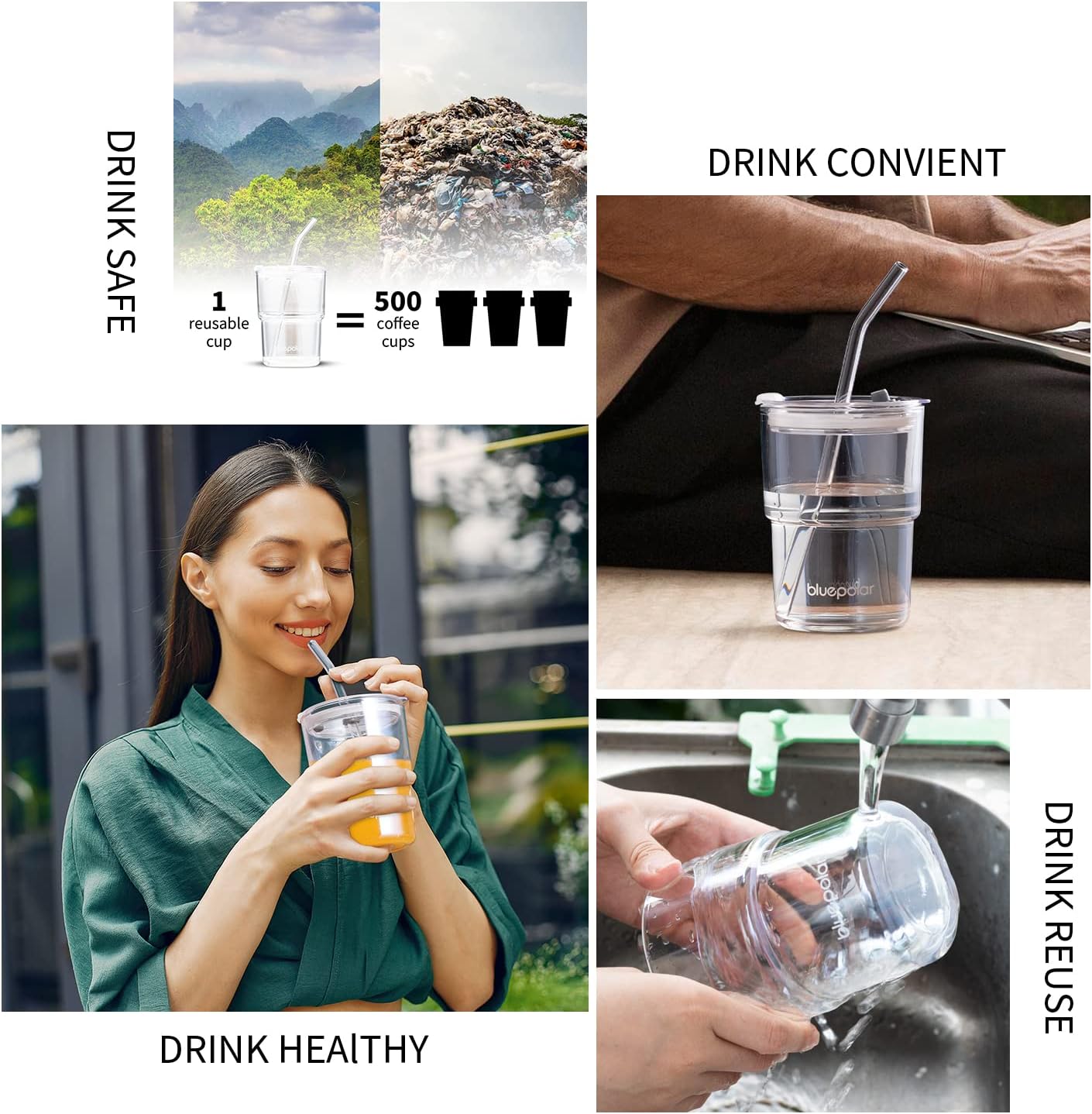 13oz/400ml Iced Coffee Cups with Lids and Straw，Sealed Carry On Thick Wall Glass Matcha Tumbler for Juice，Water, Late,Tea Fits Car Cup Holders for Office，Gym(Aurora White