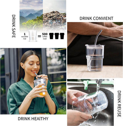 13oz/400ml Iced Coffee Cups with Lids and Straw，Sealed Carry On Thick Wall Glass Matcha Tumbler for Juice，Water, Late,Tea Fits Car Cup Holders for Office，Gym(Aurora White