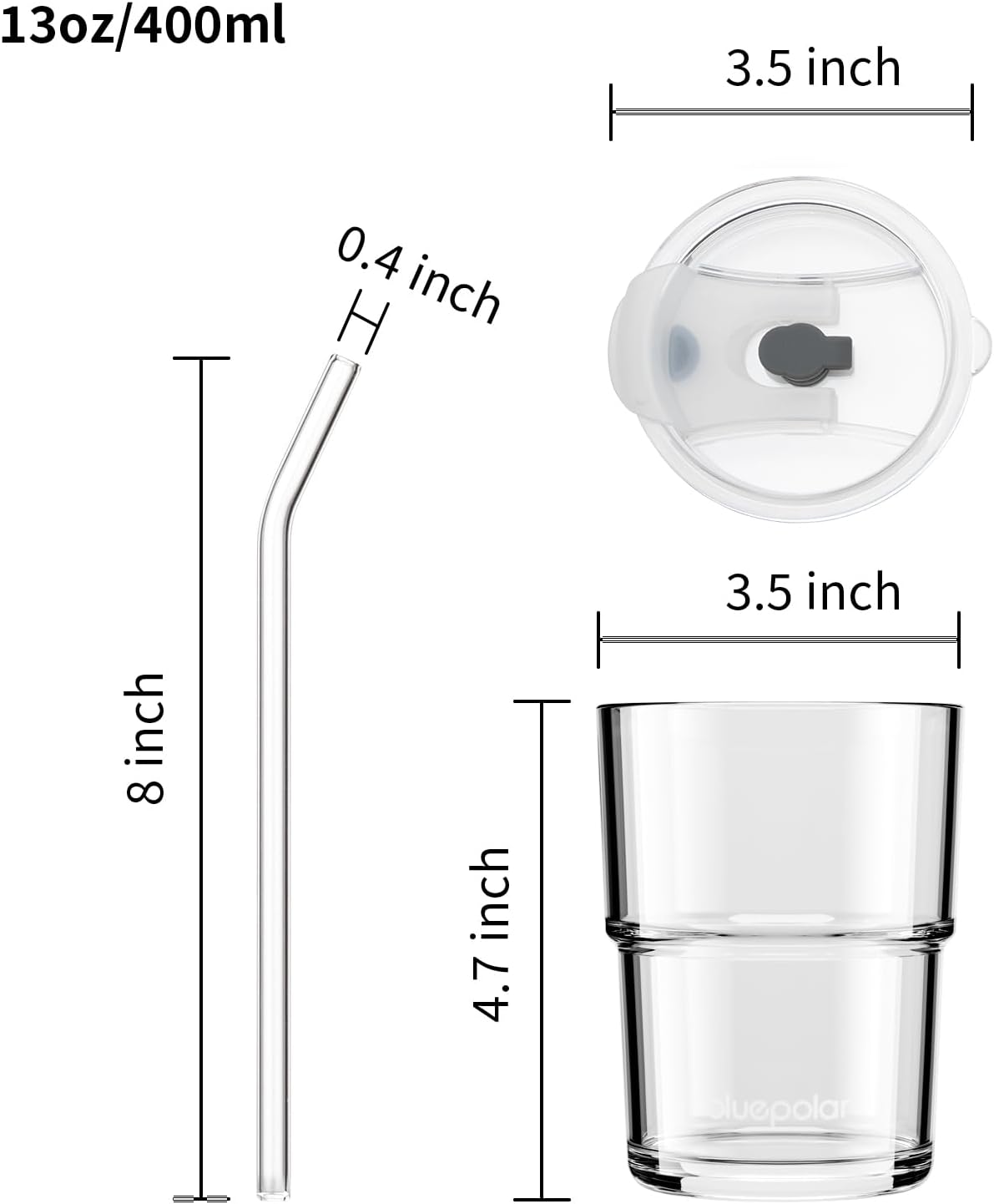 13oz/400ml Iced Coffee Cups with Lids and Straw，Sealed Carry On Thick Wall Glass Matcha Tumbler for Juice，Water, Late,Tea Fits Car Cup Holders for Office，Gym(Aurora White