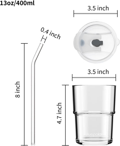 13oz/400ml Iced Coffee Cups with Lids and Straw，Sealed Carry On Thick Wall Glass Matcha Tumbler for Juice，Water, Late,Tea Fits Car Cup Holders for Office，Gym(Aurora White