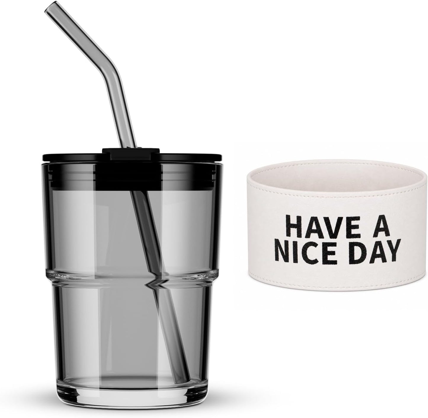 13oz/400ml Iced Coffee Cups with Lids and Straw，Sealed Carry On Thick Wall Glass Matcha Tumbler for Juice，Water, Late,Tea Fits Car Cup Holders for Office，Gym(Aurora White