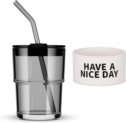 13oz/400ml Iced Coffee Cups with Lids and Straw，Sealed Carry On Thick Wall Glass Matcha Tumbler for Juice，Water, Late,Tea Fits Car Cup Holders for Office，Gym(Aurora White