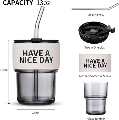 13oz/400ml Iced Coffee Cups with Lids and Straw，Sealed Carry On Thick Wall Glass Matcha Tumbler for Juice，Water, Late,Tea Fits Car Cup Holders for Office，Gym(Aurora White