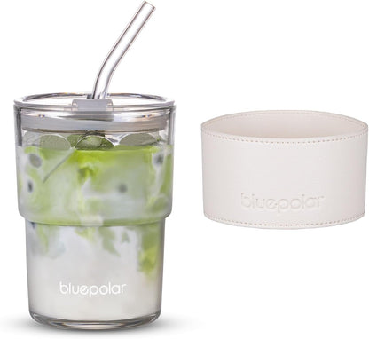 13oz/400ml Iced Coffee Cups with Lids and Straw，Sealed Carry On Thick Wall Glass Matcha Tumbler for Juice，Water, Late,Tea Fits Car Cup Holders for Office，Gym(Aurora White