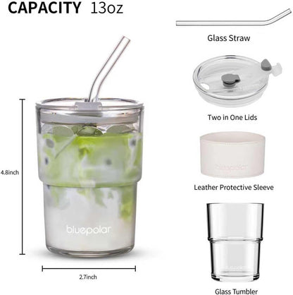 13oz/400ml Iced Coffee Cups with Lids and Straw，Sealed Carry On Thick Wall Glass Matcha Tumbler for Juice，Water, Late,Tea Fits Car Cup Holders for Office，Gym(Aurora White