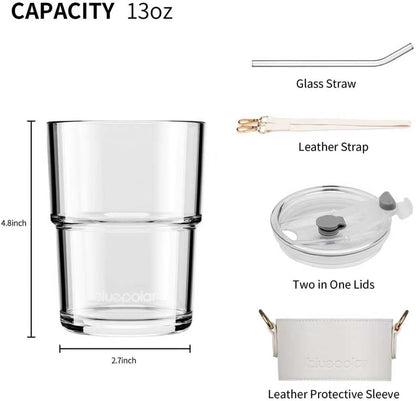 13oz/400ml Iced Coffee Cups with Lids and Straw，Sealed Carry On Thick Wall Glass Matcha Tumbler for Juice，Water, Late,Tea Fits Car Cup Holders for Office，Gym(Aurora White