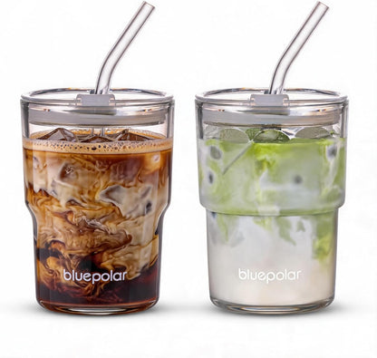 13oz/400ml Iced Coffee Cups with Lids and Straw，Sealed Carry On Thick Wall Glass Matcha Tumbler for Juice，Water, Late,Tea Fits Car Cup Holders for Office，Gym(Aurora White