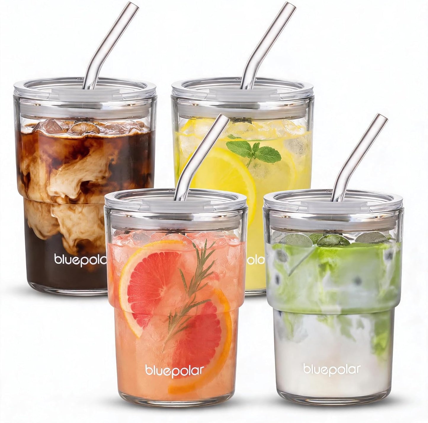 13oz/400ml Iced Coffee Cups with Lids and Straw，Sealed Carry On Thick Wall Glass Matcha Tumbler for Juice，Water, Late,Tea Fits Car Cup Holders for Office，Gym(Aurora White