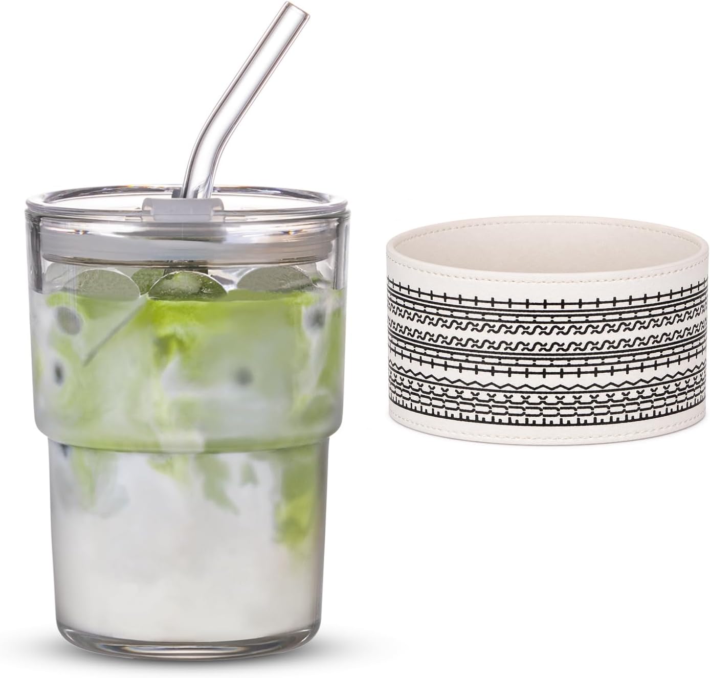 13oz/400ml Iced Coffee Cups with Lids and Straw，Sealed Carry On Thick Wall Glass Matcha Tumbler for Juice，Water, Late,Tea Fits Car Cup Holders for Office，Gym(Aurora White