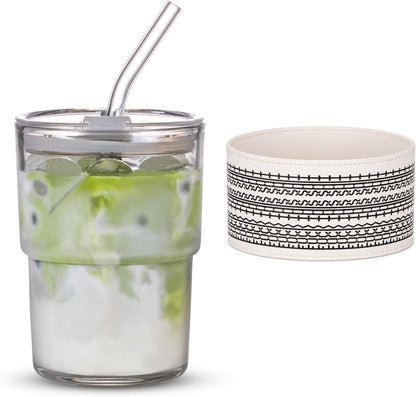 13oz/400ml Iced Coffee Cups with Lids and Straw，Sealed Carry On Thick Wall Glass Matcha Tumbler for Juice，Water, Late,Tea Fits Car Cup Holders for Office，Gym(Aurora White
