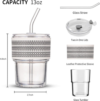 13oz/400ml Iced Coffee Cups with Lids and Straw，Sealed Carry On Thick Wall Glass Matcha Tumbler for Juice，Water, Late,Tea Fits Car Cup Holders for Office，Gym(Aurora White