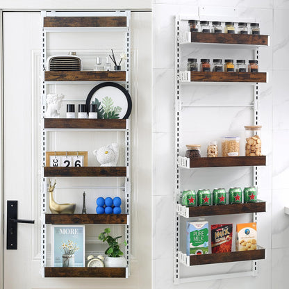 Over-The-Door Organizer – 6-Tier Wooden Pantry Storage Shelf with 12 Hooks, Wall-Mount or Hanging Spice Rack for Kitchen, Bathroom, or Closet