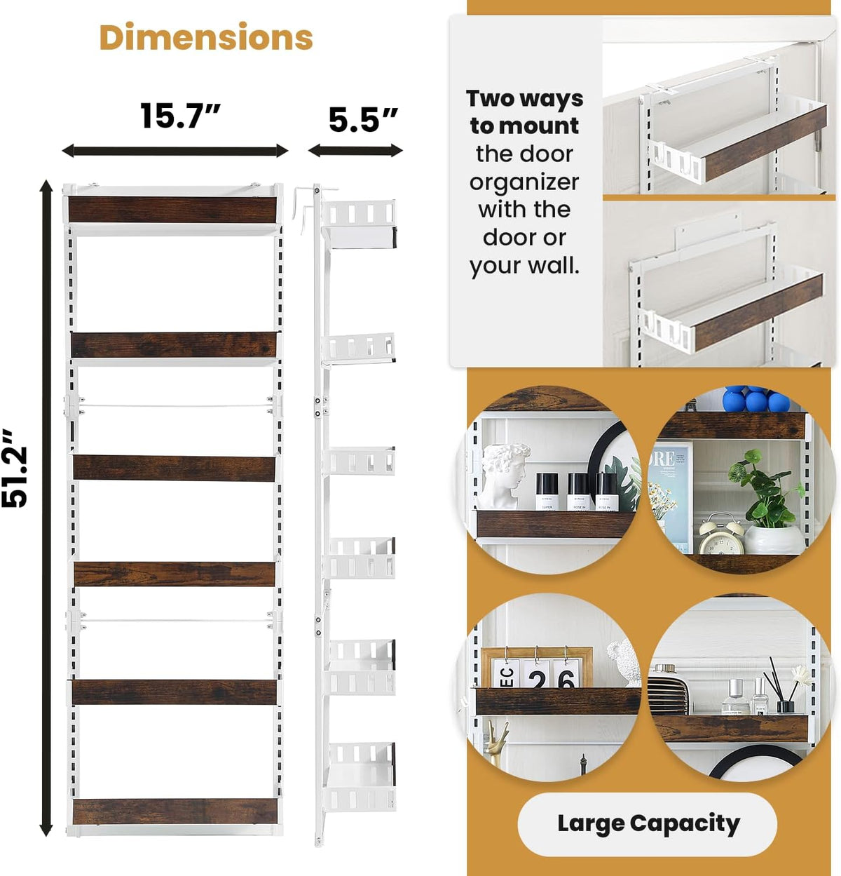 Over-The-Door Organizer – 6-Tier Wooden Pantry Storage Shelf with 12 Hooks, Wall-Mount or Hanging Spice Rack for Kitchen, Bathroom, or Closet