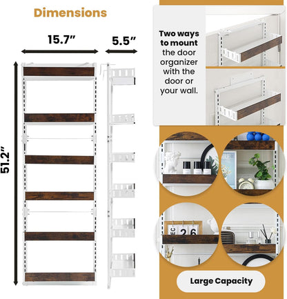 Over-The-Door Organizer – 6-Tier Wooden Pantry Storage Shelf with 12 Hooks, Wall-Mount or Hanging Spice Rack for Kitchen, Bathroom, or Closet