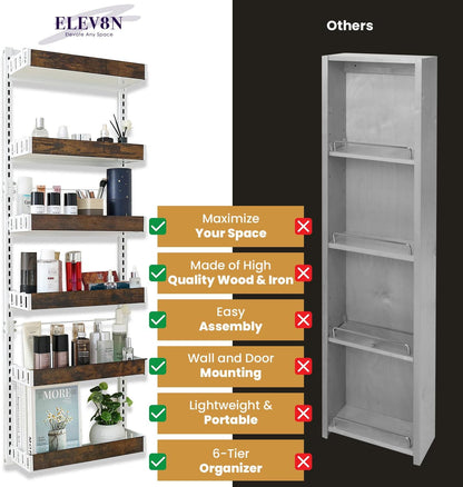 Over-The-Door Organizer – 6-Tier Wooden Pantry Storage Shelf with 12 Hooks, Wall-Mount or Hanging Spice Rack for Kitchen, Bathroom, or Closet