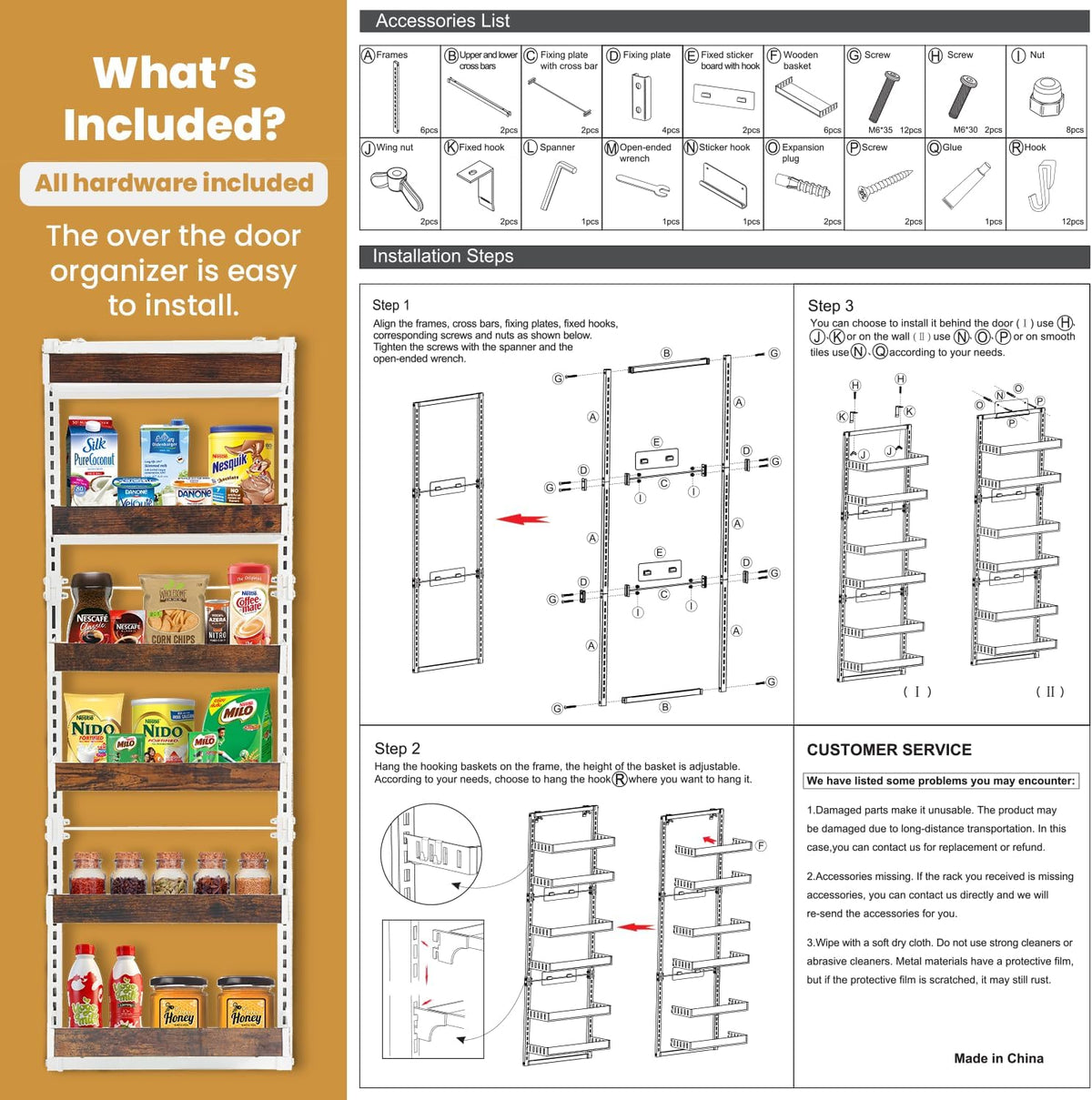 Over-The-Door Organizer – 6-Tier Wooden Pantry Storage Shelf with 12 Hooks, Wall-Mount or Hanging Spice Rack for Kitchen, Bathroom, or Closet