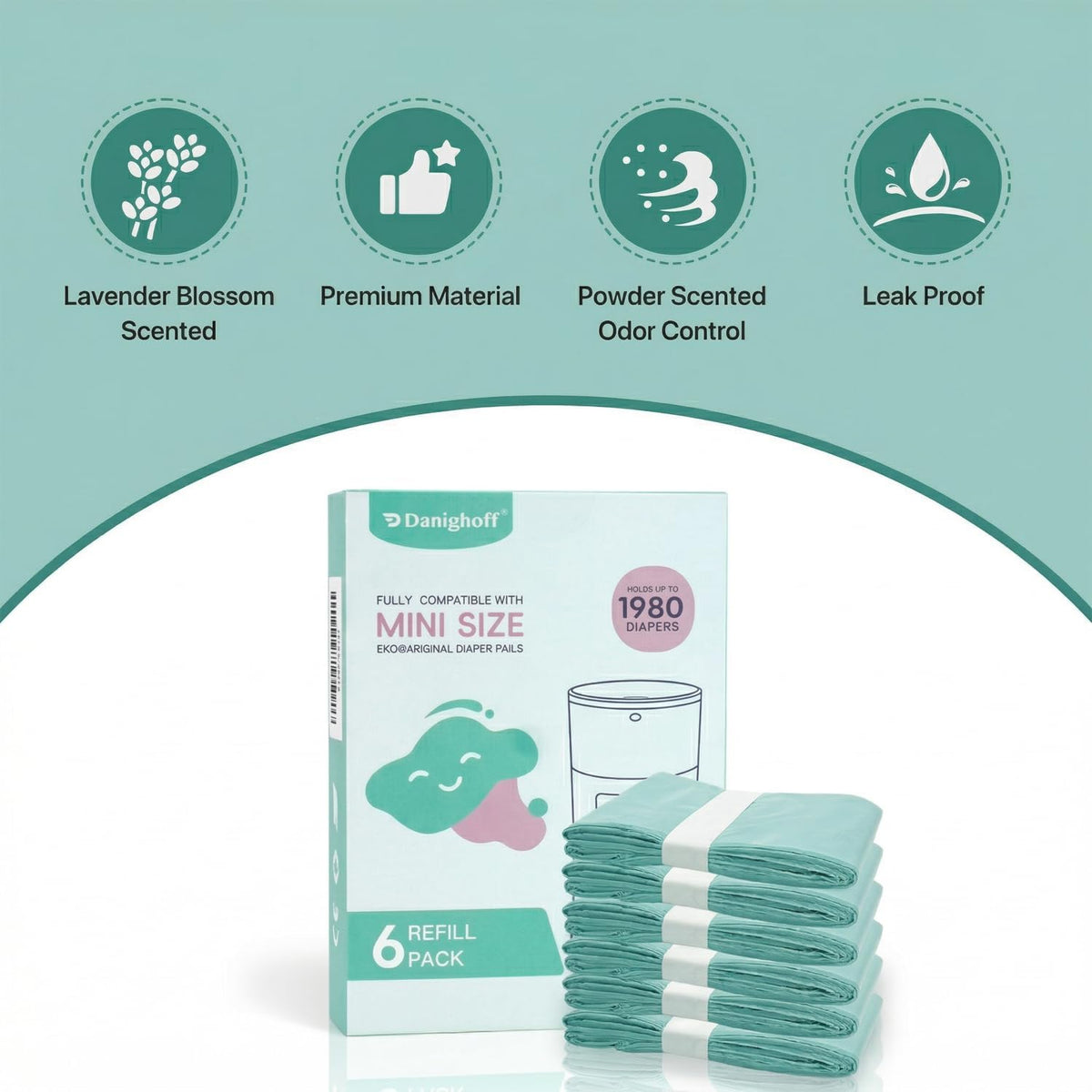 Diaper Pails Refills for De-k-or Mini, 30% Extra Thick Heavy Duty Leak-Proof Liners, Multi-Layer Odor Defense Film, Holds 1980 Diapers, Fresh Scented Baby Changing Essentials