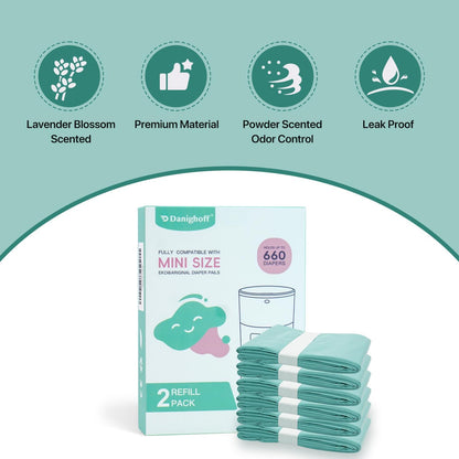 Diaper Pails Refills for De-k-or Mini, 30% Extra Thick Heavy Duty Leak-Proof Liners, Multi-Layer Odor Defense Film, Holds 1980 Diapers, Fresh Scented Baby Changing Essentials