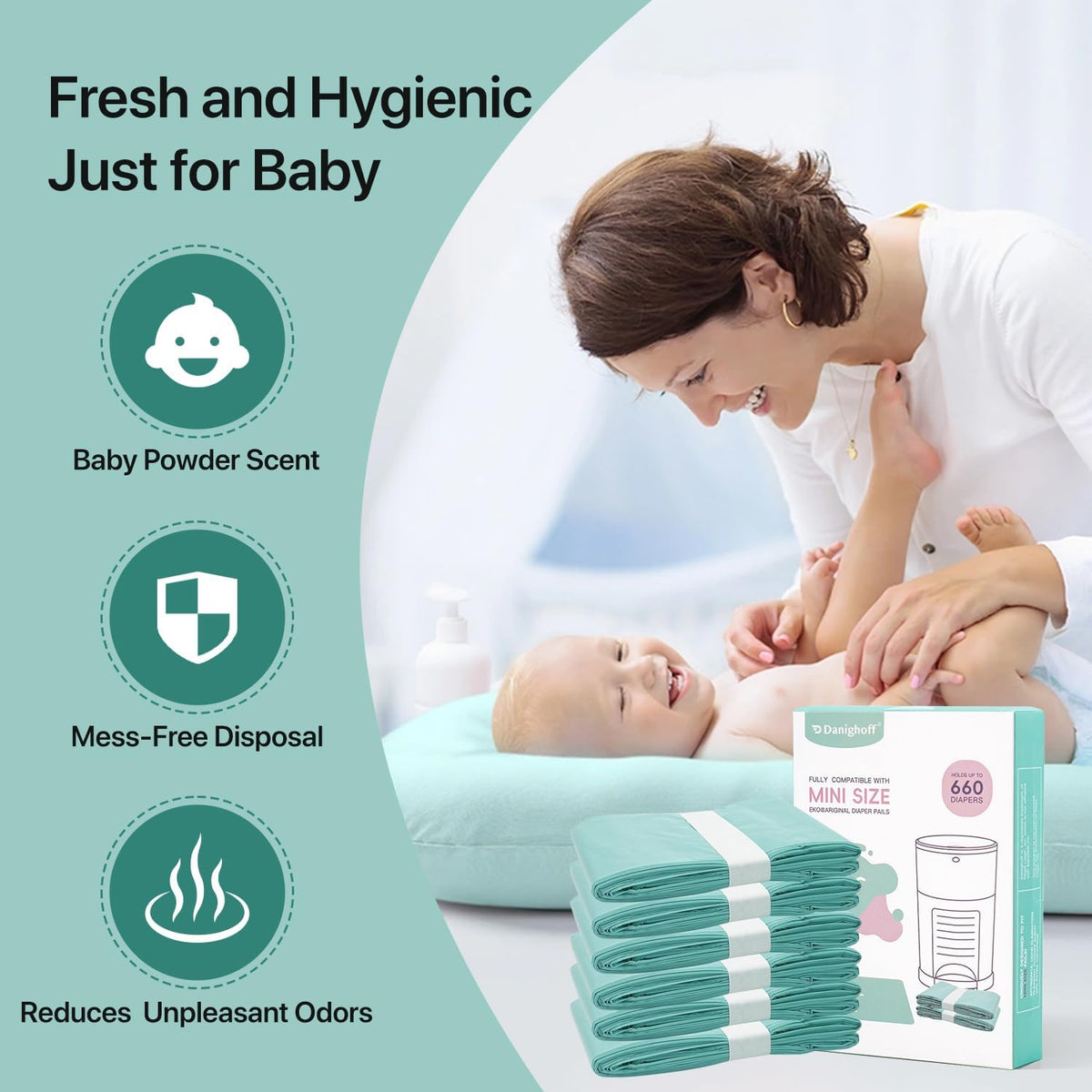 Diaper Pails Refills for De-k-or Mini, 30% Extra Thick Heavy Duty Leak-Proof Liners, Multi-Layer Odor Defense Film, Holds 1980 Diapers, Fresh Scented Baby Changing Essentials