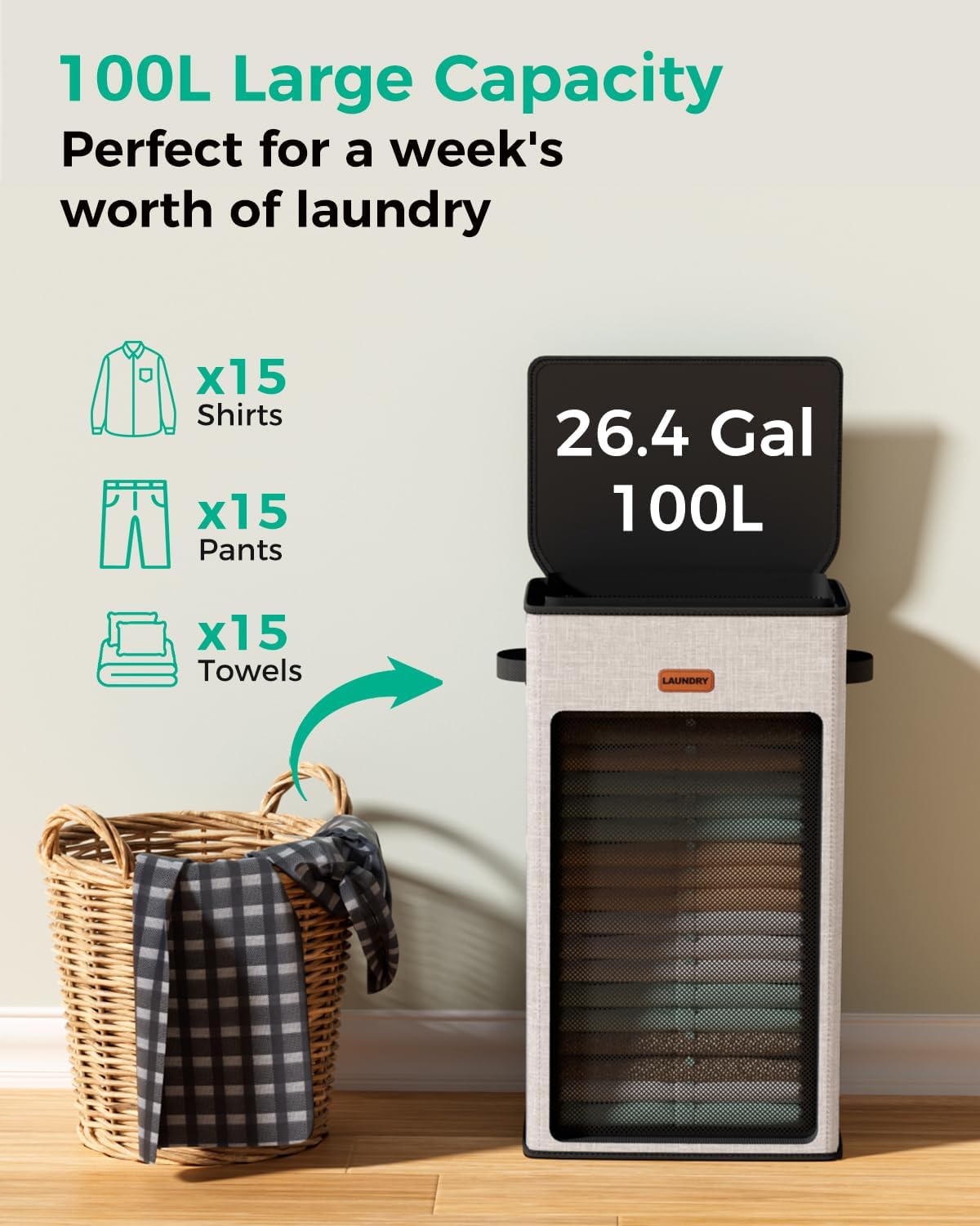 150L Double Laundry Hamper with Lid – 2-Section Clothes Hamper with Removable Bag for Bathroom, Bedroom, Laundry Room & Dorm