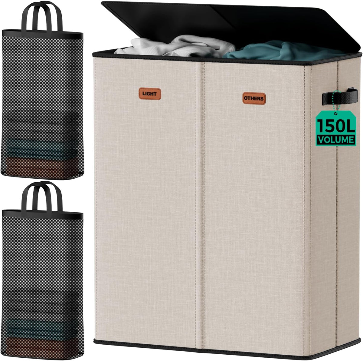 150L Double Laundry Hamper with Lid – 2-Section Clothes Hamper with Removable Bag for Bathroom, Bedroom, Laundry Room & Dorm