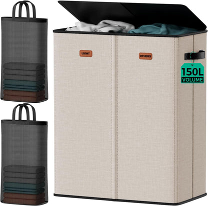 150L Double Laundry Hamper with Lid – 2-Section Clothes Hamper with Removable Bag for Bathroom, Bedroom, Laundry Room & Dorm