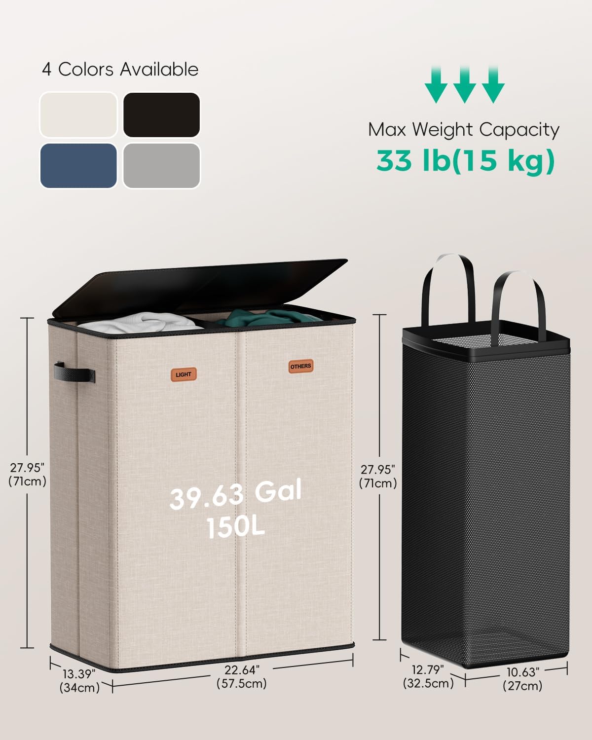 150L Double Laundry Hamper with Lid – 2-Section Clothes Hamper with Removable Bag for Bathroom, Bedroom, Laundry Room & Dorm