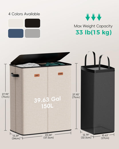 150L Double Laundry Hamper with Lid – 2-Section Clothes Hamper with Removable Bag for Bathroom, Bedroom, Laundry Room & Dorm